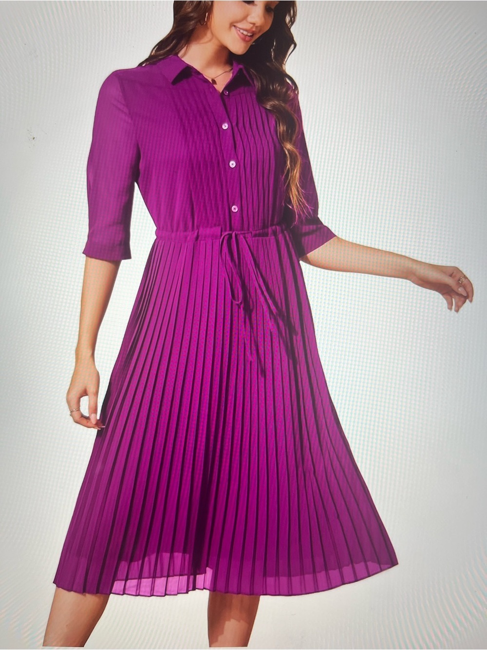 NWT WLDRSD Button-Front Pleated Midi A-Line Dress Pintuck Magenta Size L Office